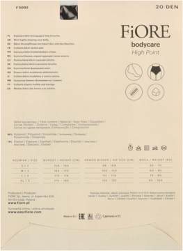 Tył opakowania rajstop Fiore bodycare High Point, beżowe z opisami i tabelą rozmiarów.