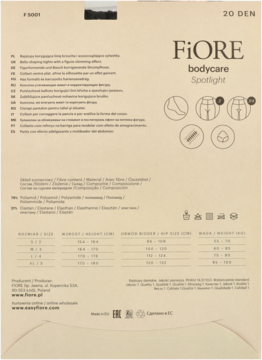 Beżowy tył opakowania rajstop Fiore Bodycare Spotlight 20 DEN, z opisem wygładzającym brzuch i tabelą rozmiarów.