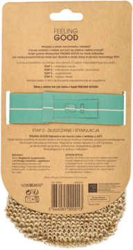 Tył opakowania peelingującej rękawicy Feeling Good z juty. Beżowy karton z instrukcją i widoczną plecionką produktu.