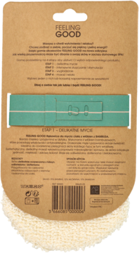 Tył opakowania bambusowej rękawicy do mycia ciała FEELING GOOD. Widoczny opis produktu i kod kreskowy.
