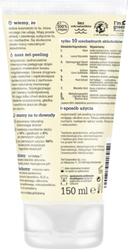 Tył białej tubki bezzapachowego żelu-peelingu do twarzy z kwasem migdałowym, 150 ml, z tekstem.
