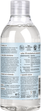 Tył butelki wegańskiego płynu micelarnego z niacynamidem, 300 ml, etykieta z listą 10 składników.