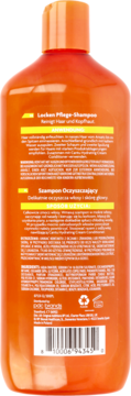 Pomarańczowy szampon Cantu Shea Butter, tył butelki z pełnym opisem i kodem kreskowym.