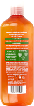 Tył pomarańczowej butelki Cantu Hydrating Cream Conditioner 400ml, z zieloną etykietą, składem i opisem.