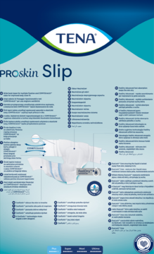 Plakat TENA ProSkin Slip, pieluchomajtki dla dorosłych, ilustruje FeelDry Advanced, ConfioAir i COMFIStretch.