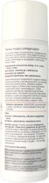 Biała butelka pianki myjąco-pielęgnującej Seni Care, widok z tyłu z polską etykietą i opisem.
