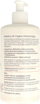 Tył białej butelki Seni Care z pompką, delikatny żel myjąco-natłuszczający, szczegółowy polski opis.
