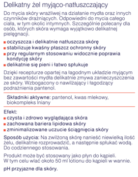 Tekstowa etykieta delikatnego żelu myjąco-natłuszczającego do skóry wrażliwej, z opisem i składnikami aktywnymi.