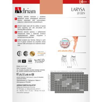 Adrian LARYSA 20 DEN rajstopy wyszczuplające z efektem antycellulitowym. Karta produktu z rozmiarówką.