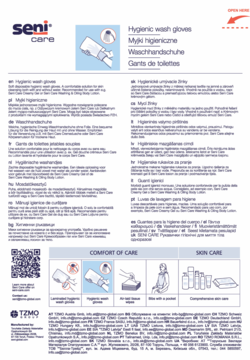 Ulotka informacyjna Seni Care Myjki higieniczne jednorazowe. Biała myjka na dłoni, opis produktu.
