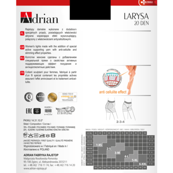Biało-czerwone opakowanie rajstop Adrian LARYSA 20 DEN, z efektem antycellulitowym i modelującym.