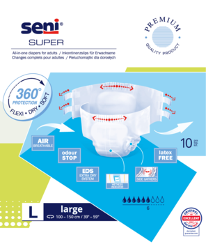 Seni Super pieluchomajtki dla dorosłych, białe, rozmiar L, z widocznymi cechami chłonności i elastyczności.