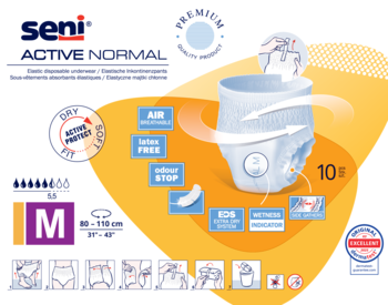 Grafika Seni Active Normal majtki chłonne, rozmiar M (80-110 cm), widok produktu, cechy: Air, Latex Free, Odour Stop.