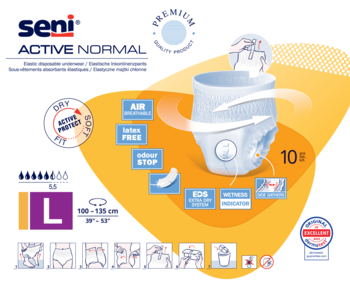 Promocyjne zdjęcie majtek chłonnych Seni Active Normal L, białych, z ikonami cech i wymiarami, na pomarańczowym tle.