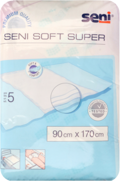 Seni Soft Super podkłady higieniczne 90x170 cm, biało-niebieskie opakowanie, widok z przodu, poziom 5.