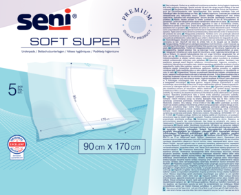 Seni Soft Super podkłady higieniczne 90x170 cm, opakowanie z diagramem produktu i napisem '5 sztuk'.