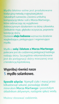 Blisko tekstu marketingowego mydła błotno-solnego z Morza Martwego, opisującego skład i zastosowanie produktu.
