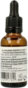 Brązowa butelka Hyaluronic Booster 2% 30ml, serum do twarzy z kwasem hialuronowym, widok z tyłu opakowania z informacjami.