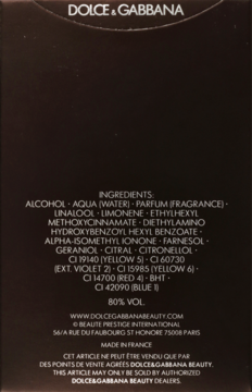 Tył ciemnobrązowego opakowania perfum Dolce & Gabbana The One For Men z białą listą składników.