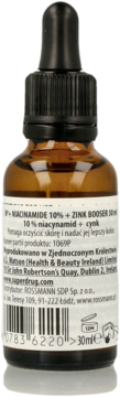 Serum do twarzy Niacinamide 10% + Zinc w brązowej butelce z kroplomierzem, widok boku z etykietą i kodem.
