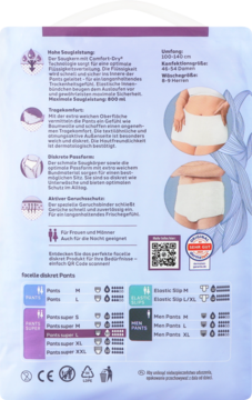 Tył opakowania Facelle diskret Pieluchomajtki r. L, biało-fioletowe, z tabelą rozmiarów i opisem po niemiecku.