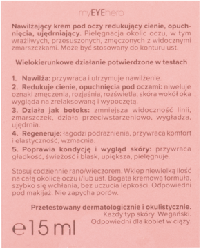 Tylna strona różowego opakowania kremu myEYEhero Miya, z listą pięciu korzyści i informacją o pojemności 15ml.