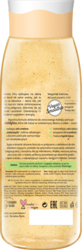 Tył butelki wegańskiego żelu pod prysznic Vegan Smoothie melon-anananas, z opisem składników i logo Vegan.
