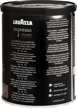 Tył czarnej puszki kawy Lavazza Espresso Italiano Classico, z białymi napisami o aromacie, paleniu i intensywności.