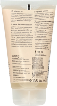 Tył tubki Tołpa enzymatycznego żelu do mycia twarzy 150 ml. Beżowe opakowanie z opisem działania i składników.