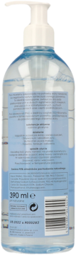 Tył przezroczystej butelki wegańskiego płynu micelarnego 390ml z białą pompką i niebieską etykietą.