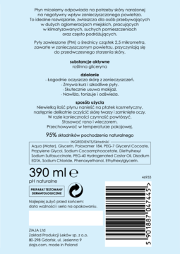 Tył opakowania Ziaja płynu micelarnego 390ml, z białym tekstem o składzie, użyciu i kodem kreskowym na niebieskim tle.