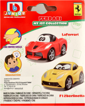Opakowanie z zabawkami B Junior Ferrari: czerwona LaFerrari i żółta F12berlinetta, widok z przodu.