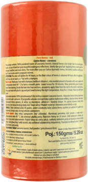 Tył czerwonego cylindrycznego opakowania z czystą henną Sattva Ayurveda 150g, z białym tekstem.