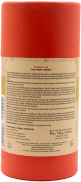 Tył czerwono-pomarańczowego opakowania Pure Henna - red, cylindrycznej henny do włosów, z tekstem.