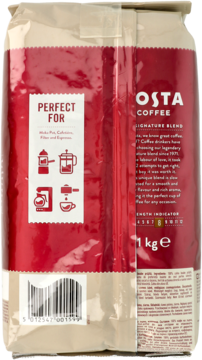 Tył opakowania kawy Costa Coffee Signature Blend 1kg, czerwona torba z metodami parzenia i siłą kawy.