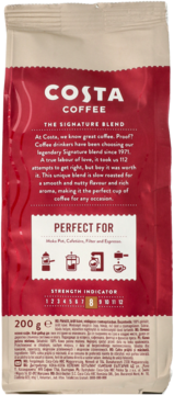 Tył czerwonego opakowania kawy Costa Coffee Signature Blend 200g z instrukcjami parzenia i siłą palenia 8.