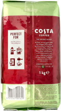 Tył opakowania kawy Costa Coffee Bright Blend 1kg, ziarna. Zielono-czerwona torba z ikonami 'Perfect for'.