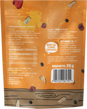 Suchy Prowiant, tył pomarańczowej saszetki liofilizowanych owoców z widoczną masą netto 20g i listą składników.