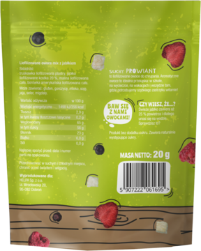 Tył zielonego opakowania Suchy Prowiant z liofilizowanymi owocami, widoczne informacje odżywcze i kod kreskowy.