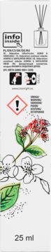 Białe opakowanie dyfuzora zapachowego 25 ml, z graficznym motywem kwiatów i liści, widok boczny.