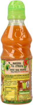 Tył butelki 300 ml soku 100% owocowo-warzywnego bez cukru, z zieloną nakrętką, widoczne informacje o produkcie.