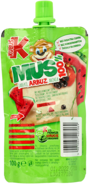 Zielona saszetka Kubuś Mus 100% Arbuz, Jabłko, Aronia, z tygrysem i kawałkami owoców, widok z przodu.