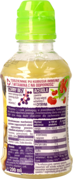 Tył butelki Kubuś Immuno, sok owocowo-warzywny 200 ml z witaminą C i cynkiem, widok na etykietę.