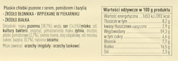 Etykieta płaskich chlebków pszennych z serem, pomidorem i bazylią, ze składem i tabelą wartości odżywczych.