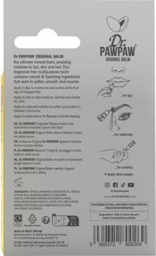 Tył opakowania Dr.PawPaw Original Balm. Jasnożółta tekturka z opisem produktu, składem i ikonami użycia. Wielofunkcyjny.