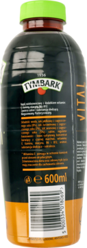 Tył butelki Tymbark Vital, napój wieloowocowy z witaminami, 600ml, etykieta czarno-pomarańczowa, zielona nakrętka.