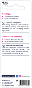 Tył opakowania Killys: obcinacz do paznokci z ostrym, wyprofilowanym ostrzem, instrukcje, dane firmy, barcode.