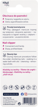 Tył opakowania obcinacza do paznokci KillyS. Biało-różowe kartonowe opakowanie z opisem cech i poradami manicure.