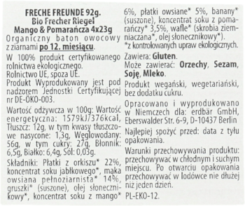 Tył opakowania batona FRECHE FREUNDE Mango & Pomarańcza z listą składników, wartościami odżywczymi i certyfikatami.