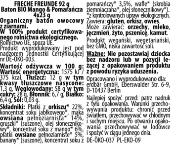 Tył opakowania organicznego batonu Freche Freunde Mango & Pomarańcza z listą składników i wartościami odżywczymi.